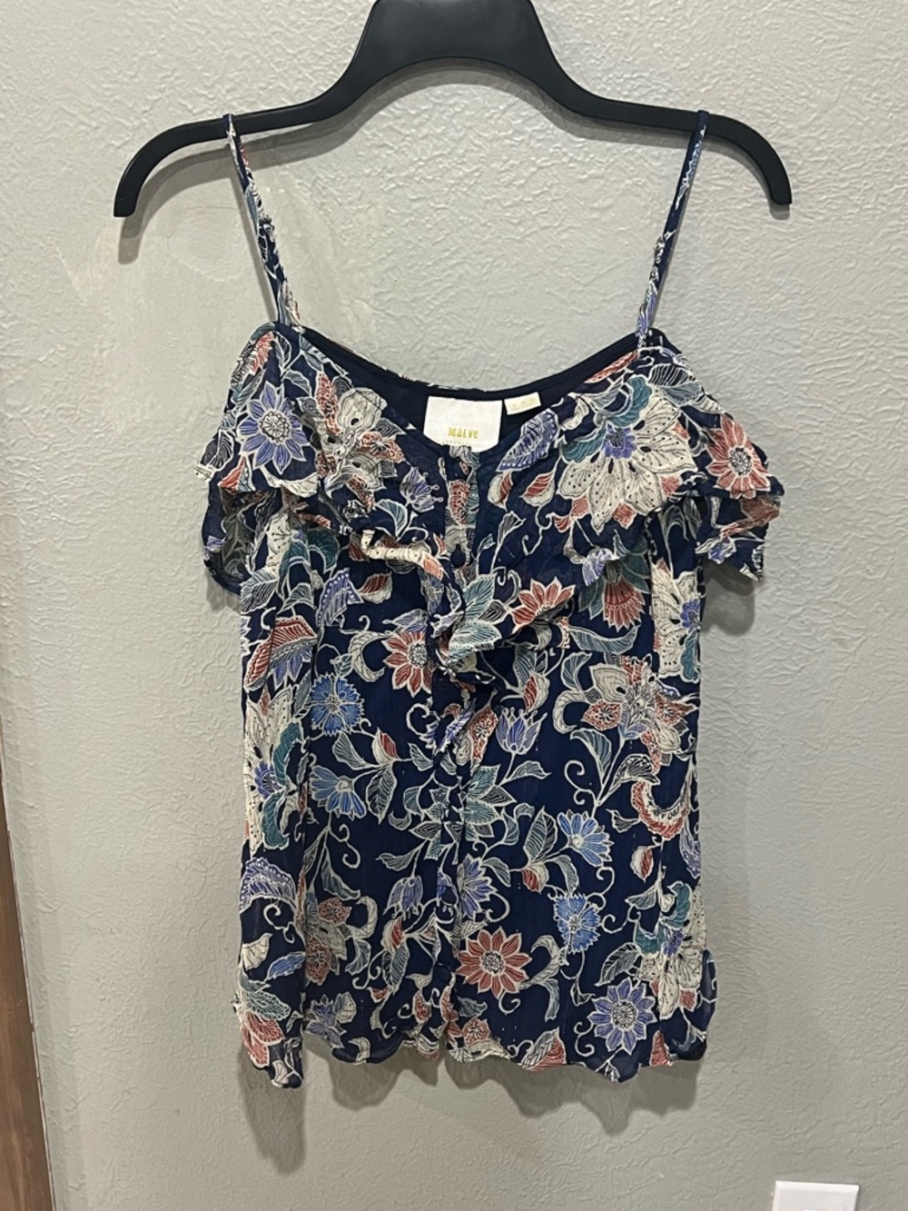 Maeve Navy Floral Ruffle-Trim Spaghetti-Strap Off Shoulder Top Size 10 EUC